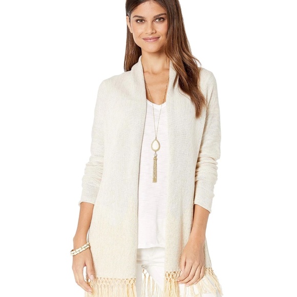 EUC Lilly Pulitzer Tatum Fringe Cardigan Sweater Ivory Gold Metallic Size SMALL - Picture 4 of 9